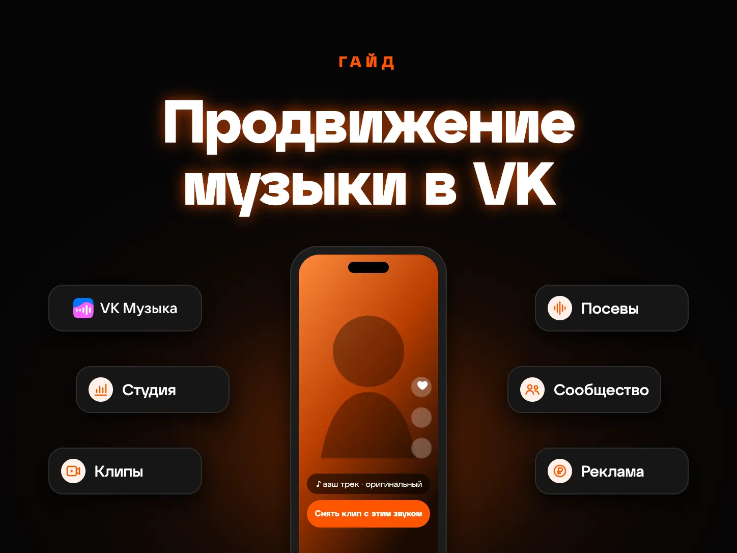 Продвижение музыки в VK: телефон с клипом под звук трека, вокруг разделы Студия, Клипы, Посевы и Реклама