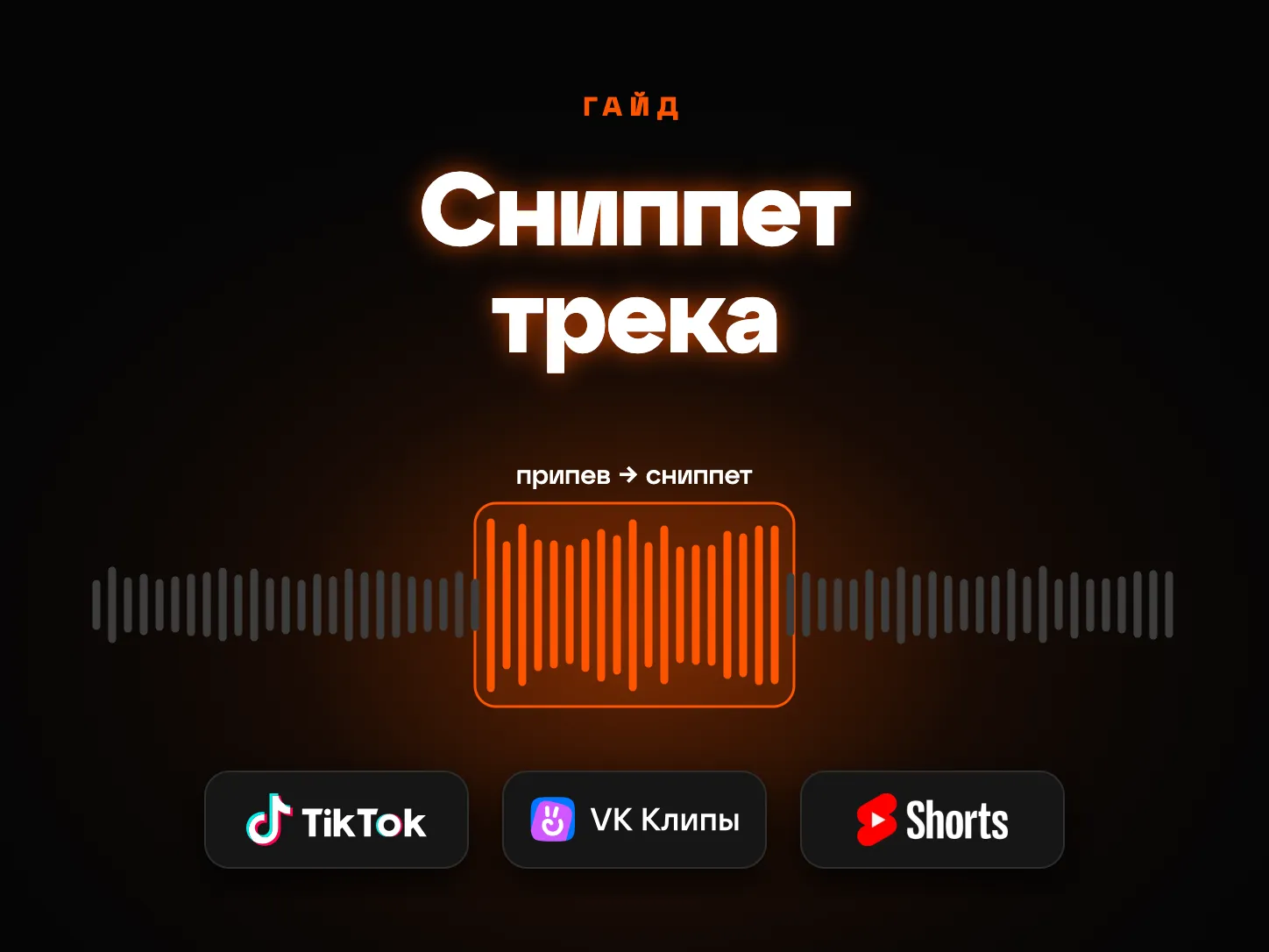 Сниппет трека: выделенный фрагмент звуковой волны и логотипы TikTok, VK Клипов и YouTube Shorts